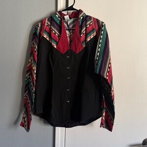 Vtg Rough Rider Western Button Down Shirt Ladies Sz Large Aztec Rideo